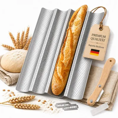 Productafbeelding van Baguette-vorm met 4 vakken, inclusief bakdoek en deegsnijder, gemaakt van koolstofstaal met antiaanbaklaag, geperforeerd