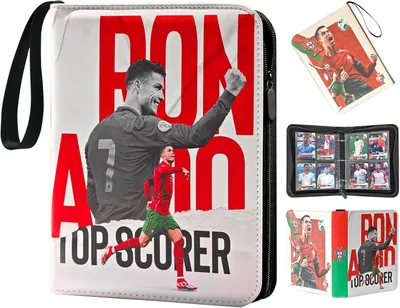 Produktbild von Fußball Karten Sammelalbum, 4 Taschen Fussball Sammelkarten Album mit Reißverschluss Tragegriff, 50 Seiten für 400 Karten, 3-Ring Karten Ordner CR7