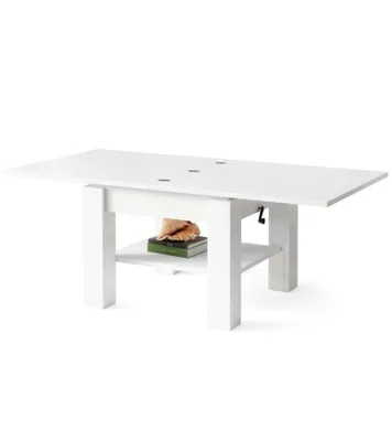 Produktbild von Couchtisch höhenverstellbar mit Stauraum – ausziehbar 75–150 cm – Wohnzimmertisch modern - CLARIS - Weiß matt – Esstisch Funktion