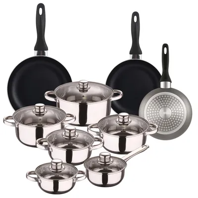 Kochgeschirr-Set 12-tlg. Edelstahl + 3 Pfannen Ø 16-24 cm