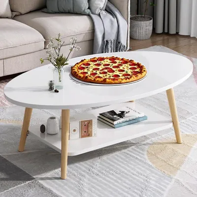 Zdjęcie produktu dla Stolik kawowy owalny, biały, wykonany z drewna sosnowego, z 2 półkami, wymiary 80x40 cm