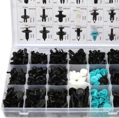 A storage box filled with various automotive fasteners, with a lid showing different types of fasteners with their specifications.