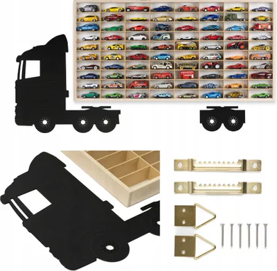 A collection of items related to a toy car organizer, including a black silhouette of a truck, a wooden organizer box, and various mounting hardware.