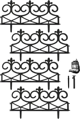 Four black decorative fence sections are arranged in a stack, with some small accessories to the right.