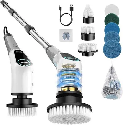 Obrázek produktu pro Elektrický čisticí kartáč – Bezdrátový čisticí kartáč – Čištění koupelny – 8 vyměnitelných hlavic – 137 cm – Bílá barva