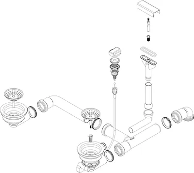 An exploded diagram of a sink drain and overflow assembly.