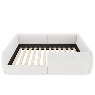 Produktbild von Flieks Kinderbett 90x200cm mit Rausfallschutz, Polsterbett mit Lattenrost, Bodenbett Spielbett mit Sicherheitsgeländer, Samt, Beige