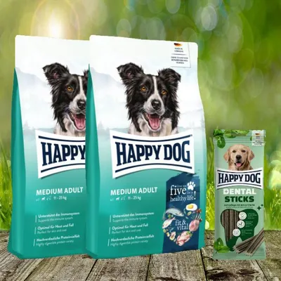 Produktbild von Happy Dog Fit & Vital Medium Adult 2 x 12 kg + Happy Dog Dental Sticks *geschenkt*