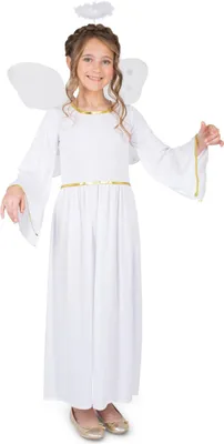 A young girl wearing an angel costume.