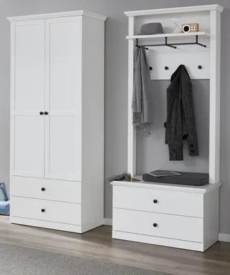 Produktbild von Flur Garderobe Set weiß Landhaus mit Schrank und Sitzbank 177 x  196 cm - Trendteam Diele Baxter