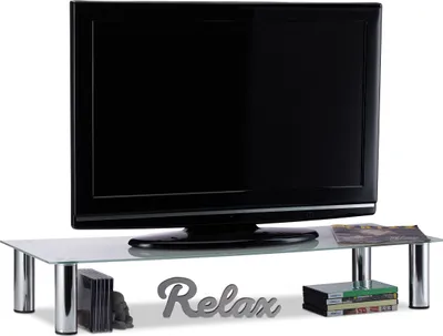 Produktbild von Relaxdays TV-Tisch Glas, verchromte Metallbeine, Bildschirmerhöhung, rechteckig, Glasaufsatz, 100x35x17 cm, weiß/silber