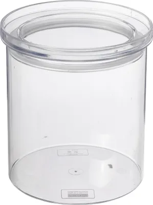 A clear plastic storage container with a lid.