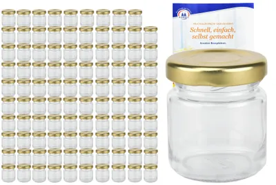 Produktbild von 100er Set Sturzglas 53 ml To 43 goldener Deckel Portionsgläser Marmeladengläser incl. Rezeptheft