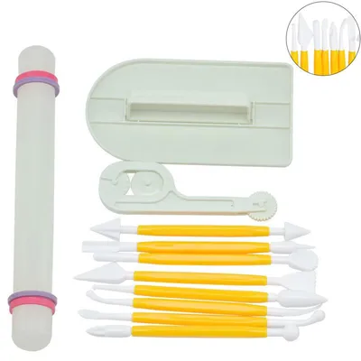 Produktbild von 11 Stück Sugarcraft Modellierwerkzeug Set für Kuchendekoration Fondant Zubehör mit Ausstechern Glätter und Teigwerkzeugen