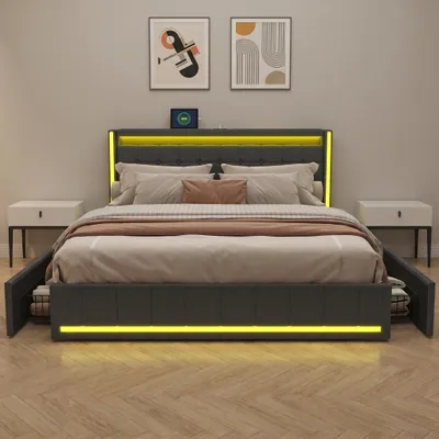 Produktbild von INONEFT Polsterbett 140x190cm mit 4 Schubladen, Jugendbett Doppelbett mit USB/Typ-C und LED, Stauraumbett Massivholzbett mit Lattenrost, Leinen, Grau