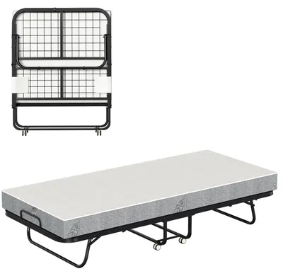 Zdjęcie produktu dla Łóżko jednoosobowe składane Eikuavons, 90x200 cm, z materacem, 4 kołami z możliwością zablokowania i solidną metalową konstrukcją