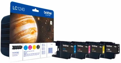 A product shot of Brother LC1240 ink cartridges in their packaging, with individual cartridges displayed in front.