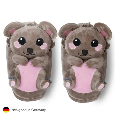 Produktbild von Corimori Süße Plüsch Hausschuhe (10+ Designs) Koala „Hugo“ Slipper Einheitsgröße 25-33,5 Uni Pantoffeln Grau