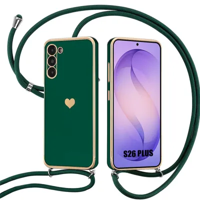 Image de Coque pour Samsung Galaxy S26 Plus, Protection Silicone Antichoc Motif Coeur avec Cordon Vert Nuit