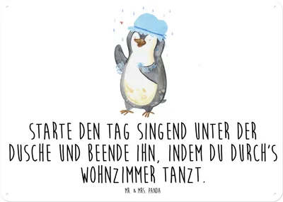 Produktbild von Mr. & Mrs. Panda Blechschild Pinguin Duschen DIN A5 - Weiß - Geschenk, Blechtafel, tafel, Dusche, Duschkonzert, Pinguine, Singen, Türschild, Schild, Magnetschild