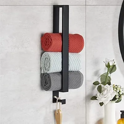 Produktbild von Handtuchhalter Ohne Bohren Schwarz Matt, Handtuchstange Bad 304 Edelstahl, Gästehandtuchhalter Wand Selbstklebend, Badetuchhalter kleber, Gästehandtücherstange mit Haken 40cm für Badezimmer