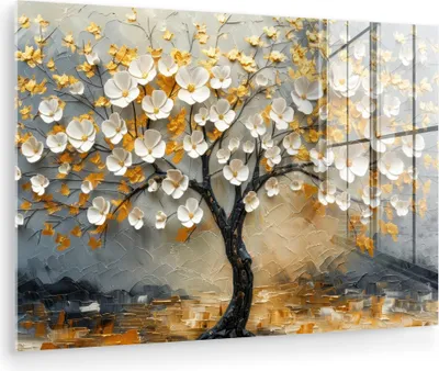 Produktbild von MuchoWow Glasbilder - Bilder auf Wandbild - Foto auf Glas Baum - Blumen - Gold - Beige 30x20 cm Wanddekoration aus Glas - Acrylglasbild - Acrylbilder - Bilder auf glas wandbild