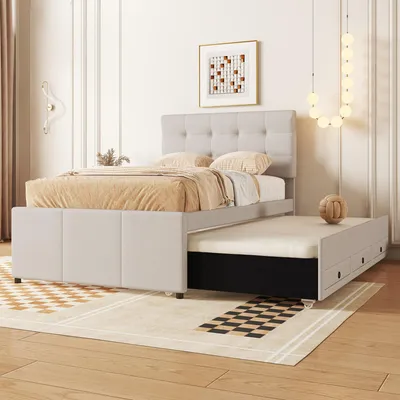 Image de OKWISH Lit Gigogne 90x200 cm - Lit Simple Enfant Rembourré avec Tête de Lit Réglable et 3 Tiroirs - Sans Matelas - Lin Beige