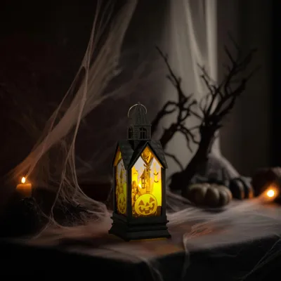 Produktbild von Halloween-Dekoration: Kürbis-Lichterkette – gelbe LEDs – 17,5 x 6,3 x 6,3 cm – 3 x LR44 Batterien, KI-generiertes Bild