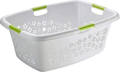 Produktbild von Ibenzoa® Wäschekorb aus Kunststoff (PP) – 50 L, Grau mit Blumenmuster, Belüftet & mit Handgriffen, 65 x 48,6 x 26,2 cm