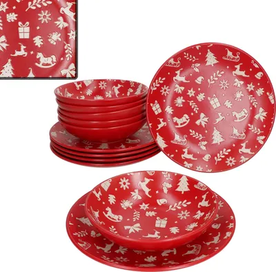 A set of red Christmas-themed dinnerware, including plates and bowls, is displayed against a white background.