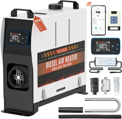 Obrázok produktu pre Dieselový parkovací ohrievač 8 kW – všestranný vzduchový ohrievač 12V – LCD displej – ovládanie cez aplikáciu a Bluetooth – regulácia teploty od 8 do 36 °C – prenosný ohrievač na kempovanie