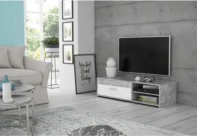 Image de Meuble TV PILVI, Blanc et béton clair, Contemporain, L 120 x P 42,1 x H 31,8 cm, 2 Niches