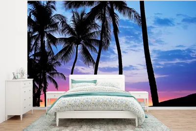 Produktbild von MuchoWow® Fototapete für Wohnzimmer oder Schlafzimmer Wandtapete Vinyl Motivtapete Der farbenprächtige Sonnenuntergang hinter einer Reihe von Palmen auf Hawaii - 400x300 cm - Papiertapeten
