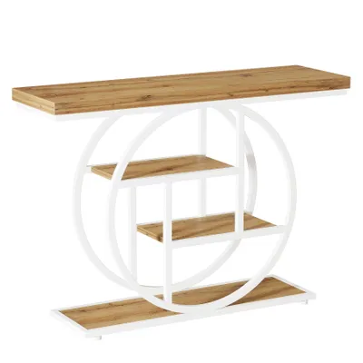 Produktbild von Tribesigns Konsolentisch 105 cm, industriell anmutender 4-stufiger Sofatisch mit rundem Fuß, aus Holz mit Ablageflächen Eingangsbereich, braun-weiß