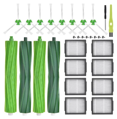 A collection of vacuum cleaner replacement parts, including brushes and filters, laid out on a white background.