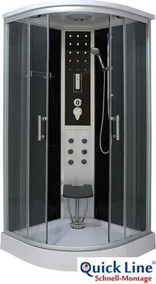 A modern, enclosed shower cabin with multiple features.