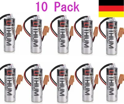 A collection of lithium batteries with connectors, arranged in two rows on a white background. A German flag is visible in the top right corner.
