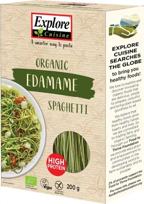 A product box for Explore Cuisine Organic Edamame Spaghetti.