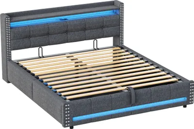 Produktbild von okwish Polsterbett Doppelbett 160 x 200 cm mit LED-Beleuchtung und USB-Steckdose, Hydraulisches Stauraumbett mit Bettkasten Stauraum und Kopfteil Stauraum(Ohne Matratze)- Grau