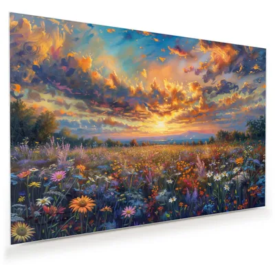 Produktbild von Glasbild 60x40cm in XXL für Wohnzimmer, Schlafzimmer Motiv Blumenwiese Sonnenuntergang