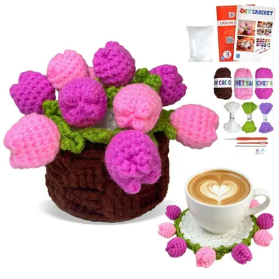 Produktbild von Häkelset für Anfänger: Tulpenstrauß & Untersetzer, Rosa