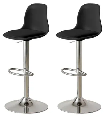 Image de Ensemble de deux tabourets de bar, réglables en hauteur, pivotants, avec dossier et repose-pieds, revêtus de similicuir, de couleur noire