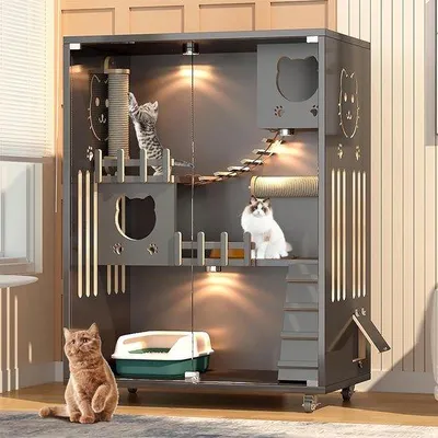 Zdjęcie produktu dla Drewniana budka dla kota 90 x 60 x 125 cm z kółkami i lampką LED, przystosowana do warunków zimowych