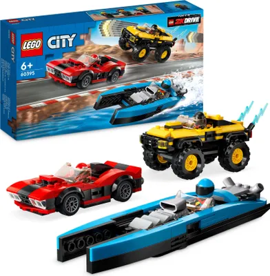 Zdjęcie produktu dla LEGO 60395 City Wielki zestaw wyścigowy, zestaw pojazdów dla fanów gry wideo 2K DRIVE, samochód sportowy, auto SUV, łódź motorowa i 3 minifigurki kierowców, zabawki dla 6-latka, zestaw 2023