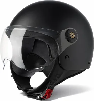 A black motorcycle helmet with a clear visor, shown from a side-diagonal angle against a white background.
