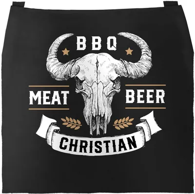 Produktbild von Grill-Schürze für Männer eigener Name Büffelschädel BBQ Meat Beer Baumwoll-Schürze Moonworks® schwarz unisize