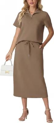 Productafbeelding van Tweedelige damesset in kaki met poloshirt met korte mouwen en halve rits, midi-rok met elastische taille en zakken