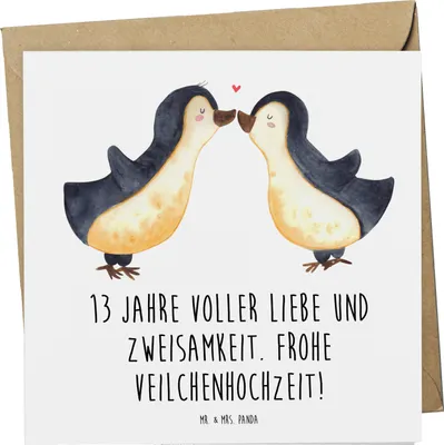 Produktbild von Mr. & Mrs. Panda Grußkarte 13. Hochzeitstag Veilchenhochzeit - Weiß - Geschenk, Glückwunschkarte, Klappkarte, Ehefrau, Heiraten, Treue, Geschenke, Heirat, doppelkarte