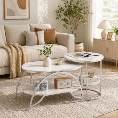 Produktbild von INONEFT Couchtisch 2er Set, Wohnzimmertisch Rund  mit Offener Stauraum, Sofatisch für Wohnzimmer Schlafzimmer, Beistelltisch, Silberfarben, KI-generiertes Bild