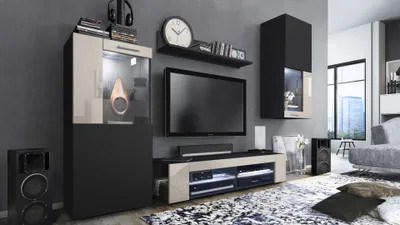 Produktbild von Vladon Wohnwand Movie, Anbauwand bestehend aus 1 TV-Board, 2 Vitrinen und 1 Regal, Schwarz matt/Schwarz matt/Sandgrau Hochglanz, inkl. LED-Beleuchtung weiß (Gesamt: 300 x 190 x 39 cm)